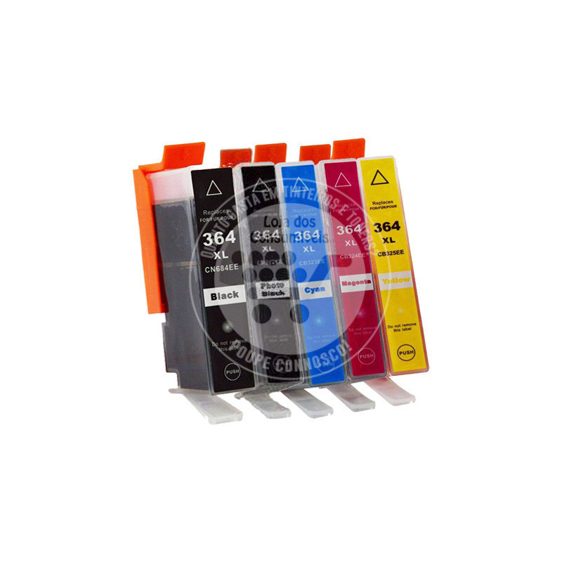Conjunto 5 Tinteiros HP Compatíveis 364XL Preto/Preto Foto/Azul/Magenta/Amarelo