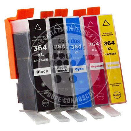 Conjunto 5 Tinteiros HP Compatíveis 364XL Preto/Preto Foto/Azul/Magenta/Amarelo