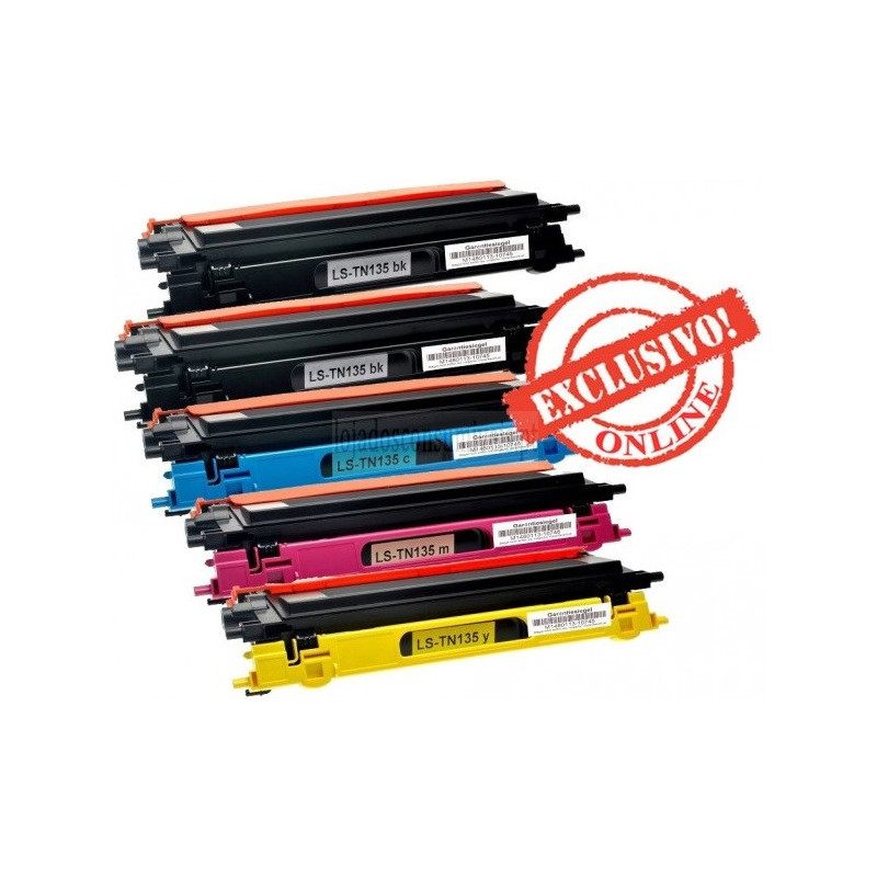 Conjunto 5 Toners Brother Compatíveis TN135/TN130 Pretos + Cores