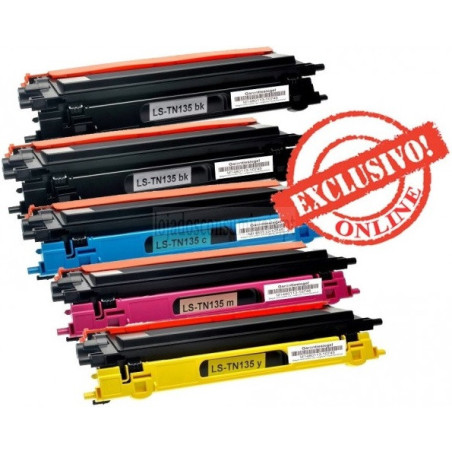 Conjunto 5 Toners Brother Compatíveis TN135/TN130 Pretos + Cores
