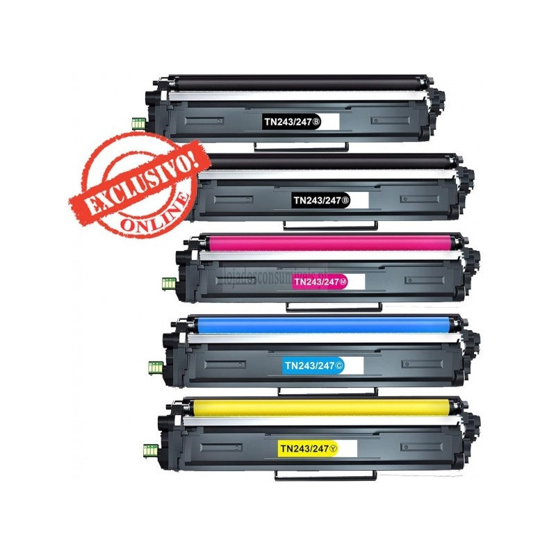 Conjunto 5 Toners Brother Compatíveis TN247/TN243 Pretos + Cores