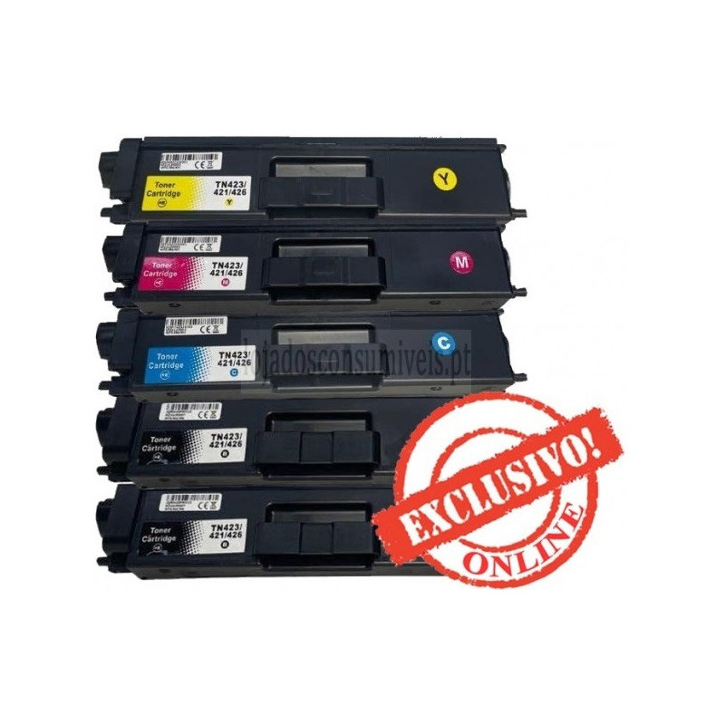 Conjunto 5 Toners Brother Compatíveis TN421/TN423/TN426 Pretos + Cores