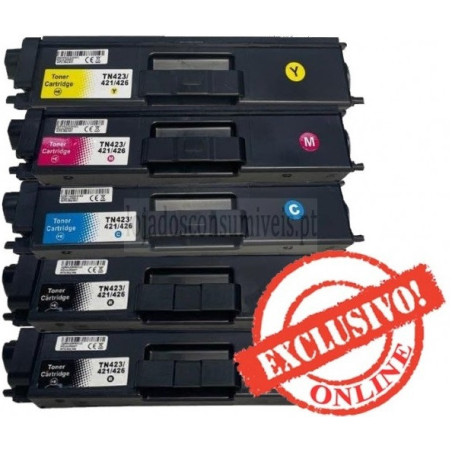 Conjunto 5 Toners Brother Compatíveis TN421/TN423/TN426 Pretos + Cores