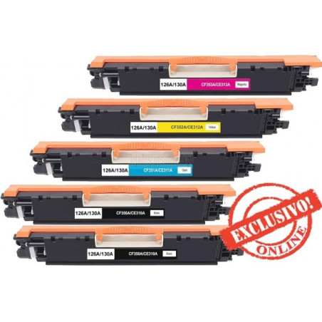 Conjunto 5 Toners HP Compatíveis Nº126A/130A Pretos + Cores
