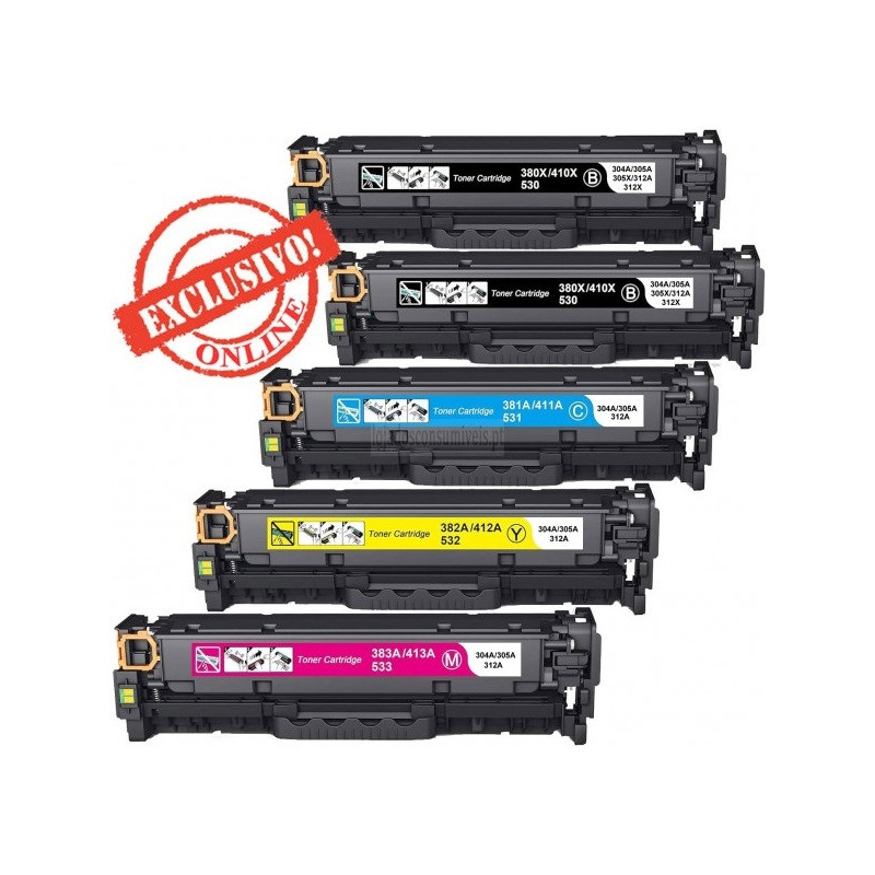 Conjunto 5 Toners HP Compatíveis Nº304A/305A/312A Pretos + Cores
